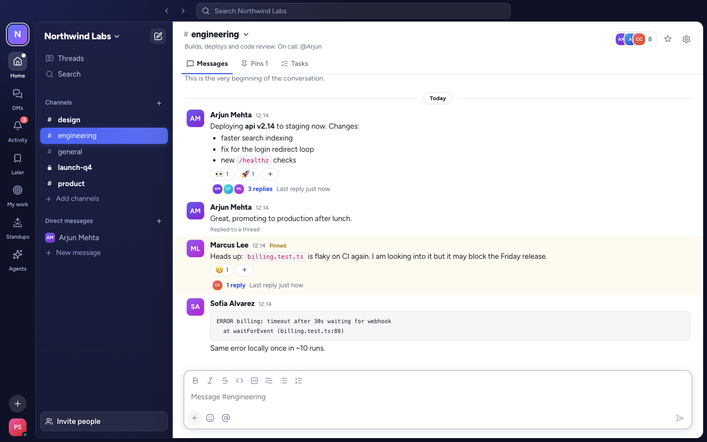 A Forma Chat channel with rich text, reactions and a thread
