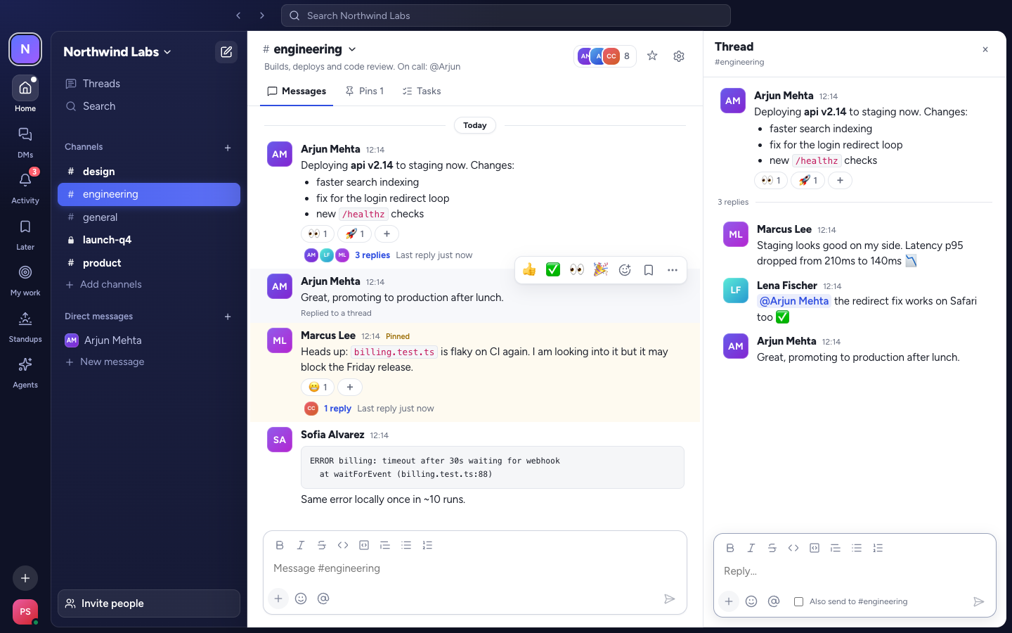 Forma Chat showing an engineering channel with a release message, reactions, a code block and an open thread