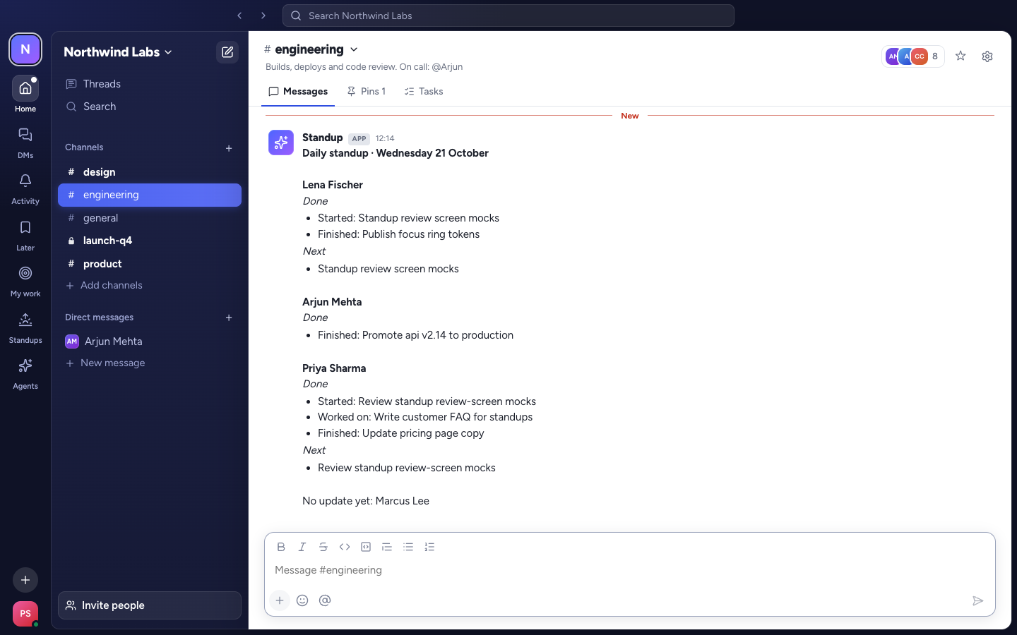 The daily standup summary posted by the Forma standup bot in a team channel